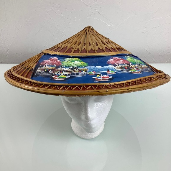 VTG Asian Wicker Bamboo Hat hand painted Gardening Beach Field Handmade SZ OSFM main image 5